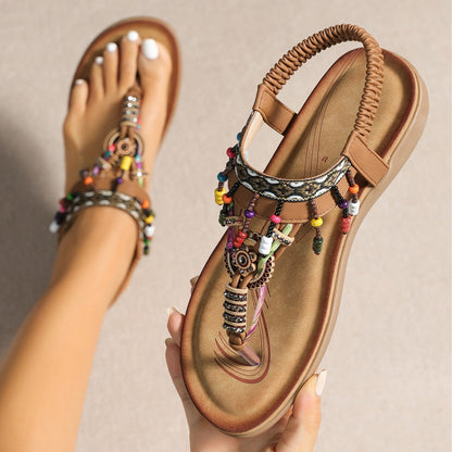 OrthoCare Bohemian Beaded T-Strap Flat Sandals