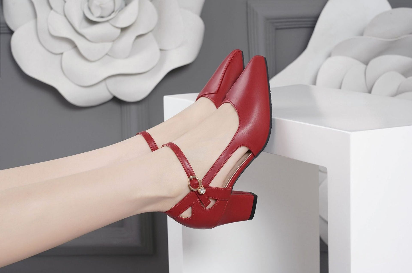 OrthoCare | Pointed Toe Ankle Strap Block Heel Pumps