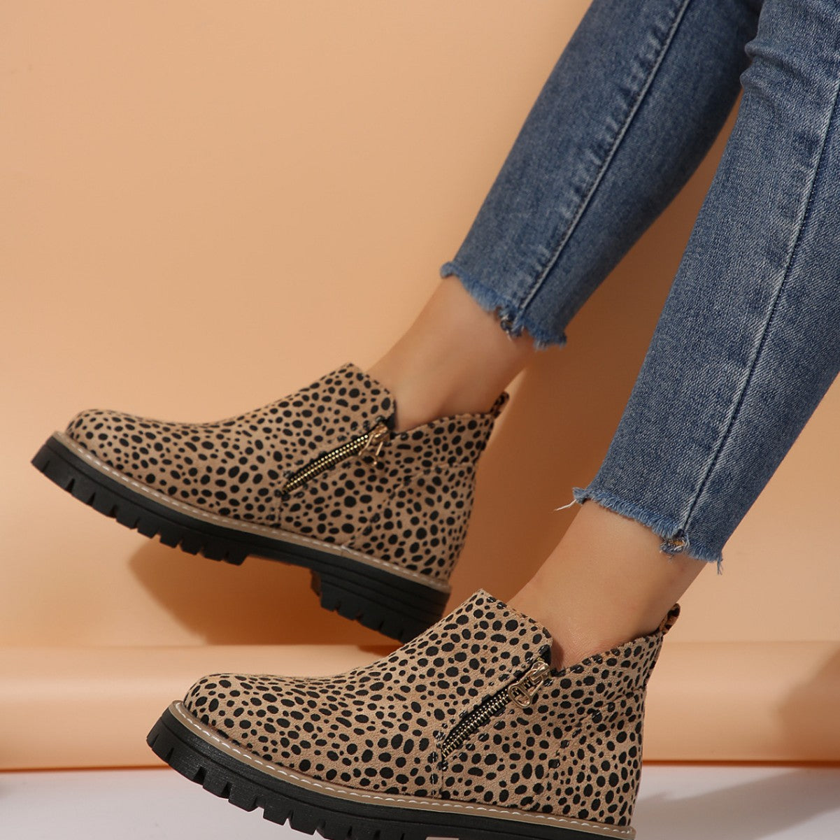 OrthoCare Leopard Print Low Heel Boots - Unique Elegance