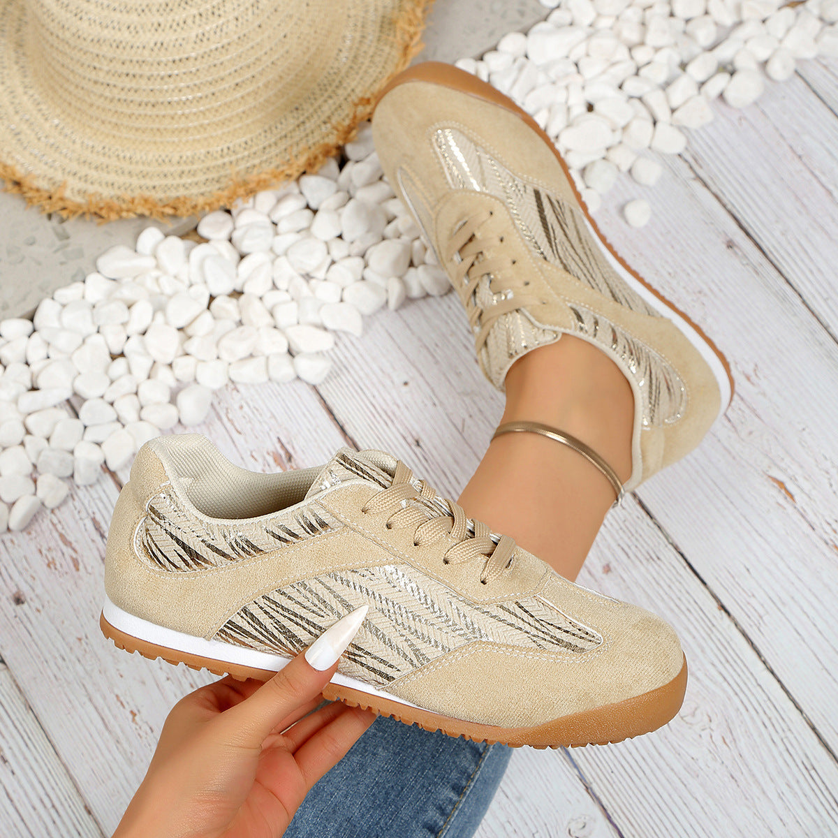 Laura | Orthopedic Beige Suede Pattern Sneakers – Casual Chic Comfort Shoes