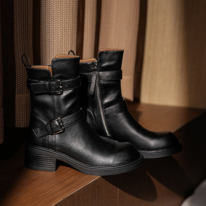 Sandy | Orthopedic Women's Double Belt Buckle Side Zipper Chunky Heel Ankle Boots