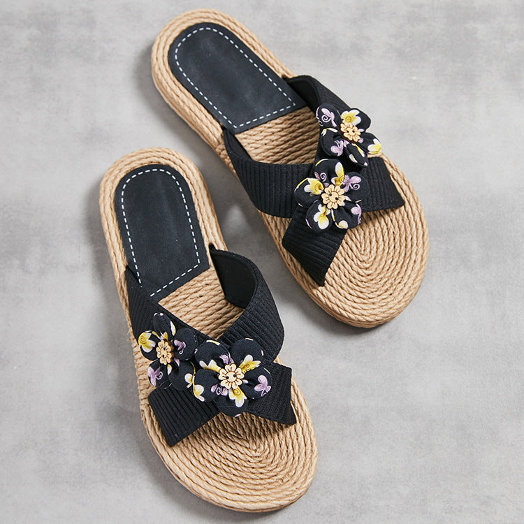 OrthoCare Floral Rhinestone Raffia Slide Sandals