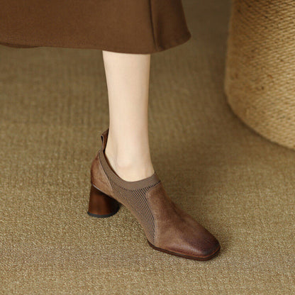 OrthoCare Square High Leather Heels With A Unique Patchwork Design