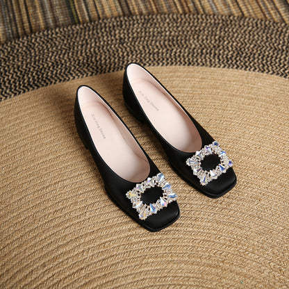 OrthoCare Women’s Elegant Square Toe Flats – Comfort Dress Shoes with Crystal Buckle