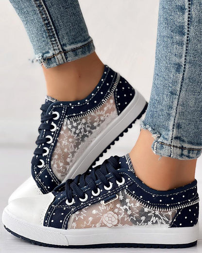 Calista | Orthopedic Denim Lace-Up Sneakers – Breathable Floral Mesh Design