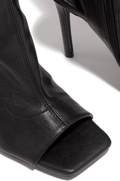 Qamar | Orthopedic Nude Faux Leather Peep-Toe Thigh-High Stiletto Boots