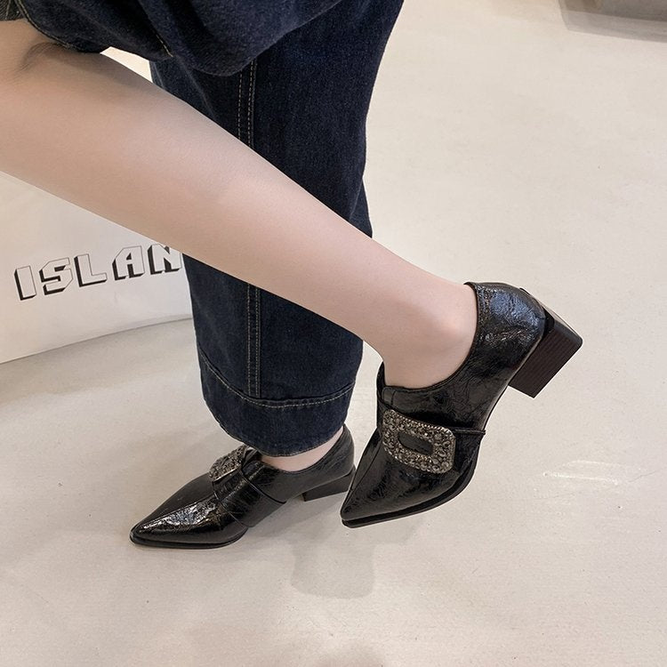 Glossy Buckle Strap Block Heel Loafers