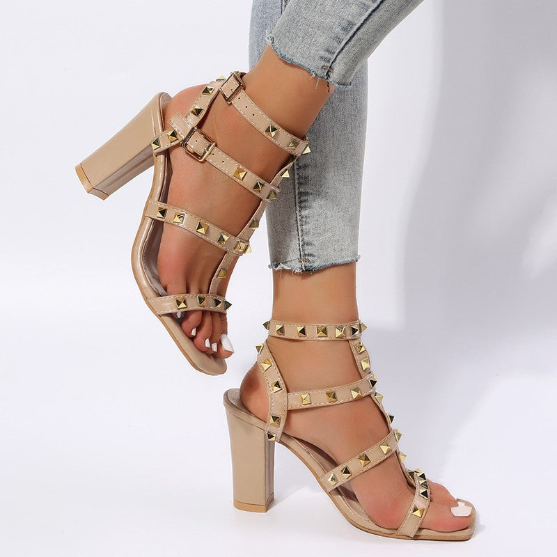 OrthoCare Rivet Sandals With Square Heels - Gladiator Elegance