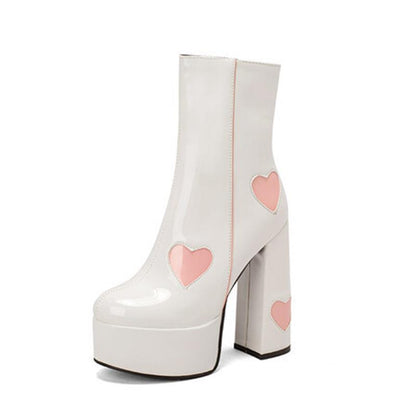 Quinley | Orthopedic Glossy Black Platform Heart Accent Ankle Boots