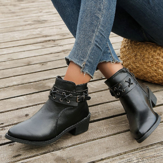 OrthoCare Leather Ankle Boots - Thick Heel Zip