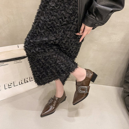 Glossy Buckle Strap Block Heel Loafers