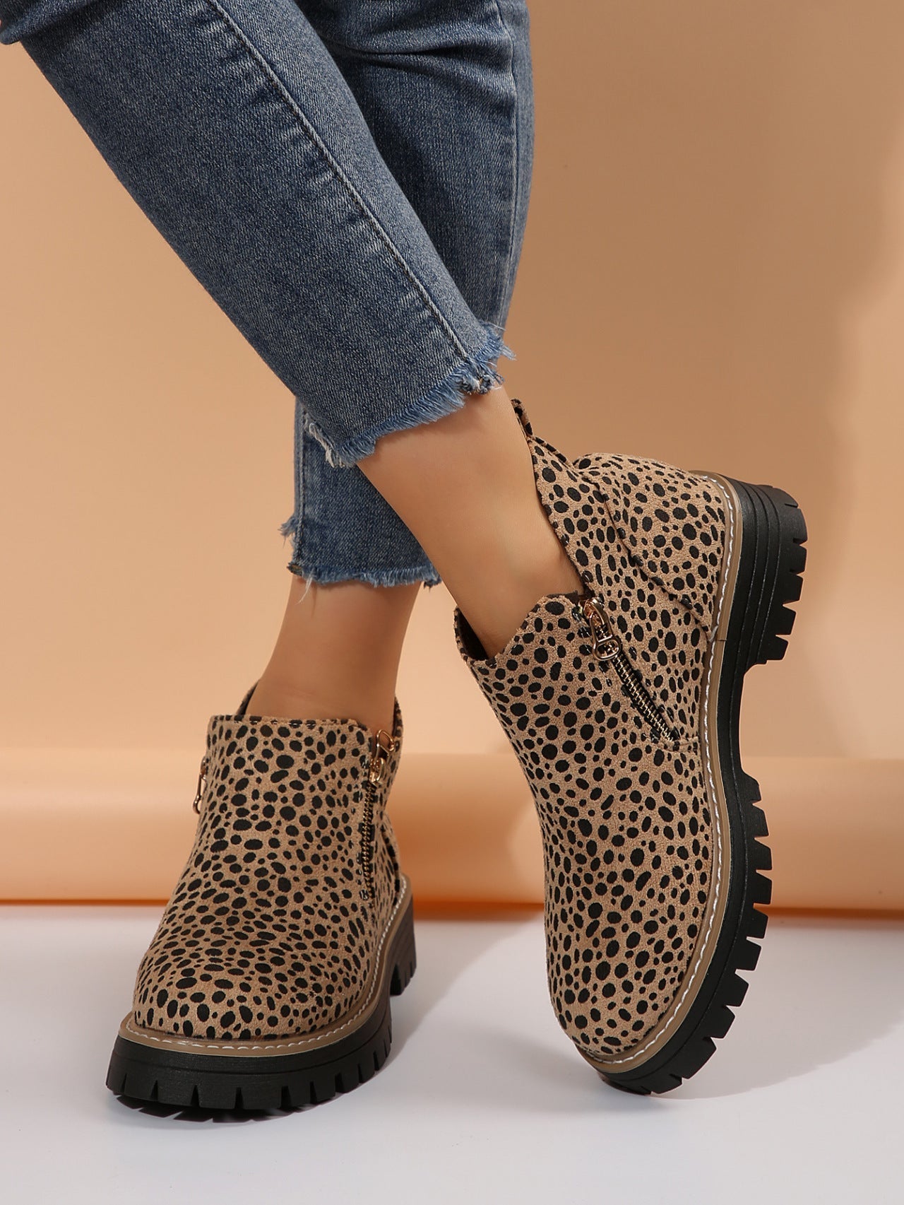 OrthoCare Leopard Print Low Heel Boots - Unique Elegance