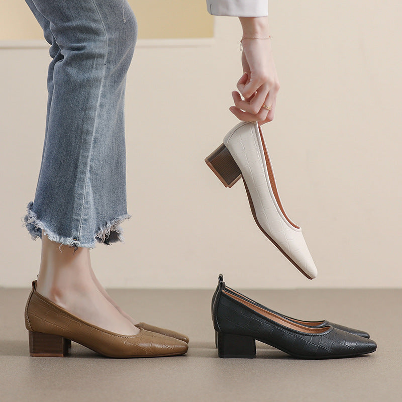 OrthoCare | Women’s Square-Toe Block Heel Pumps – Classic Textured Low Heels