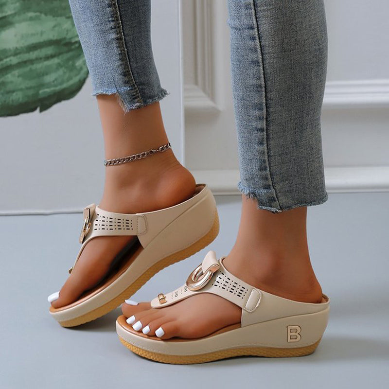 OrthoCare High Heel Thong Sandals With Metallic Decorations