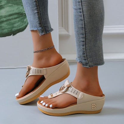 OrthoCare High Heel Thong Sandals With Metallic Decorations