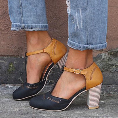 Faizah | Women’s Two-Tone Orthopedic T-Strap Block Heel Pumps