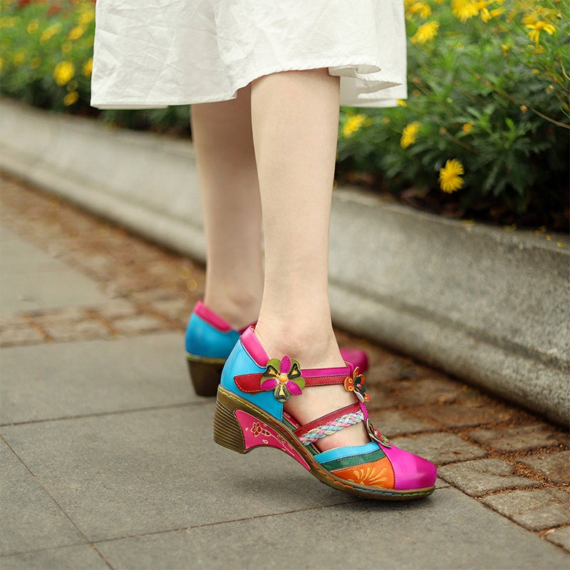 Sadie | Women’s Vintage Floral Orthopedic Mary Jane Heels with Colorful Pattern